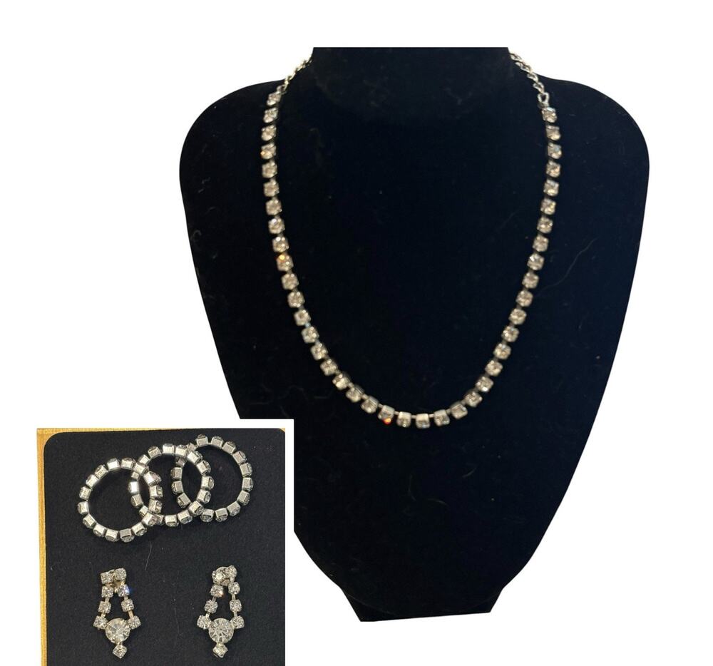 Vintage 50s Clear Rhinestone Choker Necklace Dangle Earrings 3 Rings Silver Tone